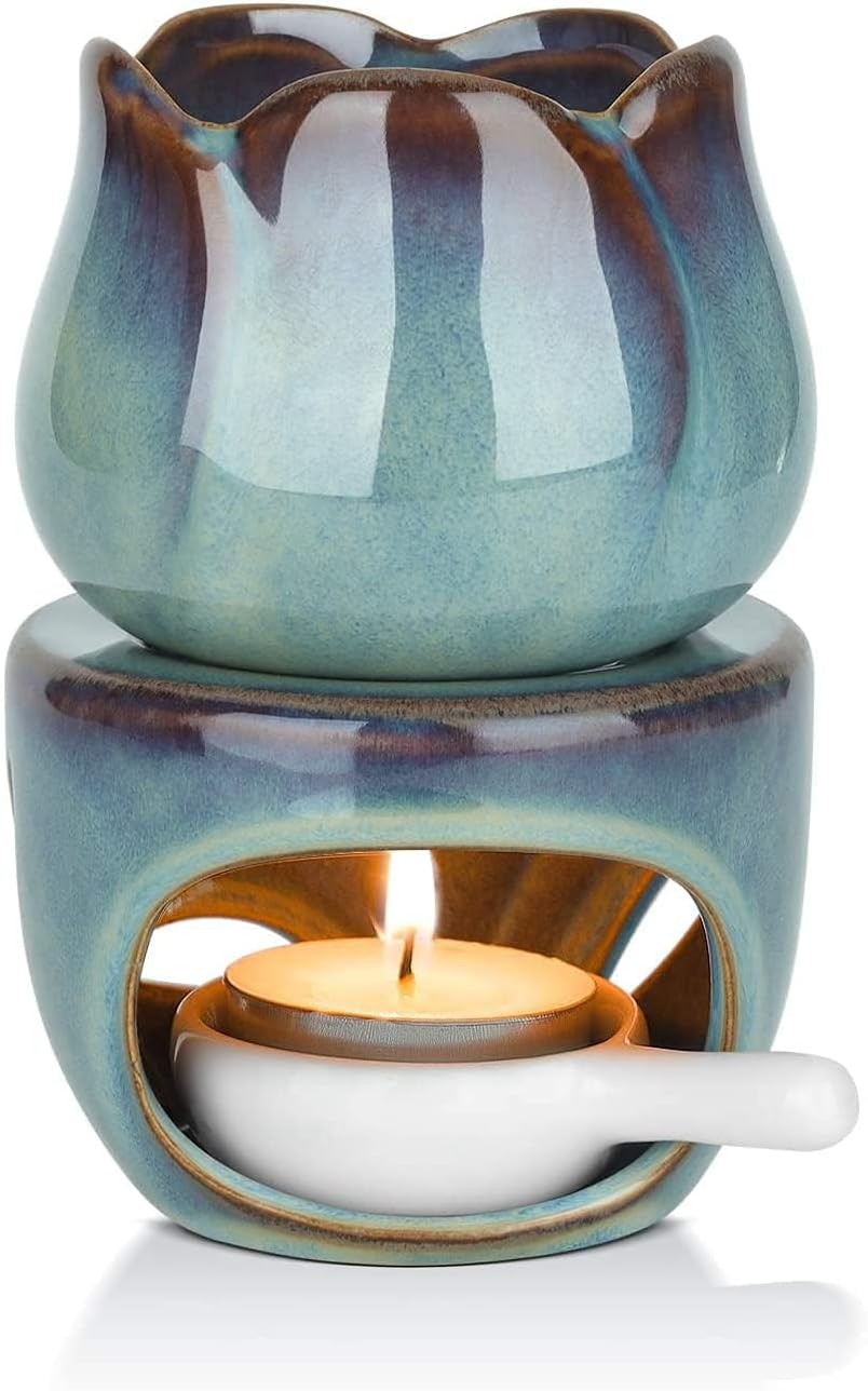 Khazna Wax Melt Essential Oil Burner, Removable Aromatherapy Burner Ceramic Aroma Oil Candle Diffuser Wax Tart Warmer for Home Bedroom Decor Housewarming Gift (Candle Spoon Note Include), DY0462-ZQ