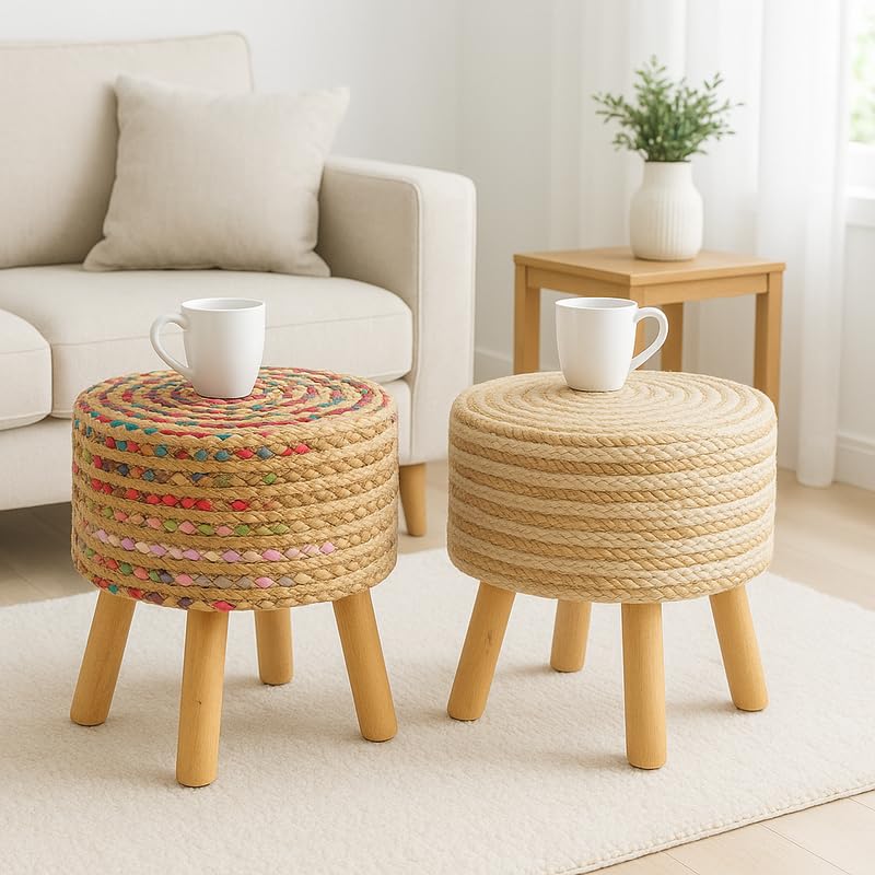 Image of Ottoman Foot Rest Puffy, Jute Ottoman for Home Decor, Solid Wood Legs Dressing Stool, Footstool Puffy for Living Room & Office Room | 16x17 Inch, Set of 2, Jute Chindi-White Chakri
