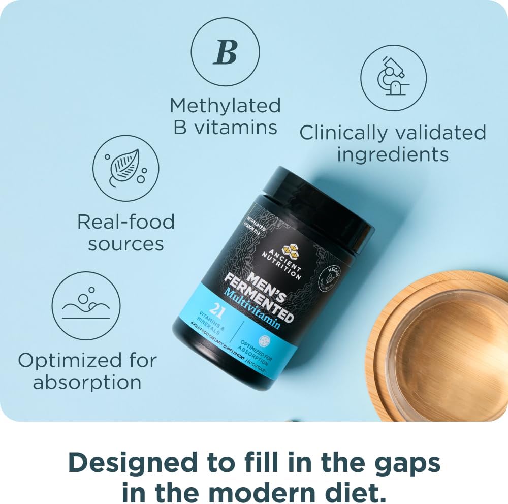 Ancient Nutrition Multivitamin for Men, Men's Fermented Multivitamin with Methylated Vitamin A, C, D, E, K, Zinc & Magnesium, Immune Support, Vegan, 60 Ct - Image 4