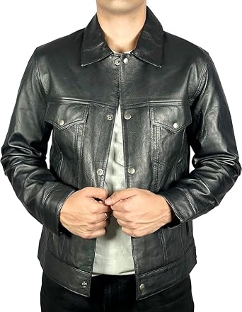 Mens New Black/Brown Lambskin Leather Classic Open Bottom Jacket Motorcycle Vintage Racing Jacket