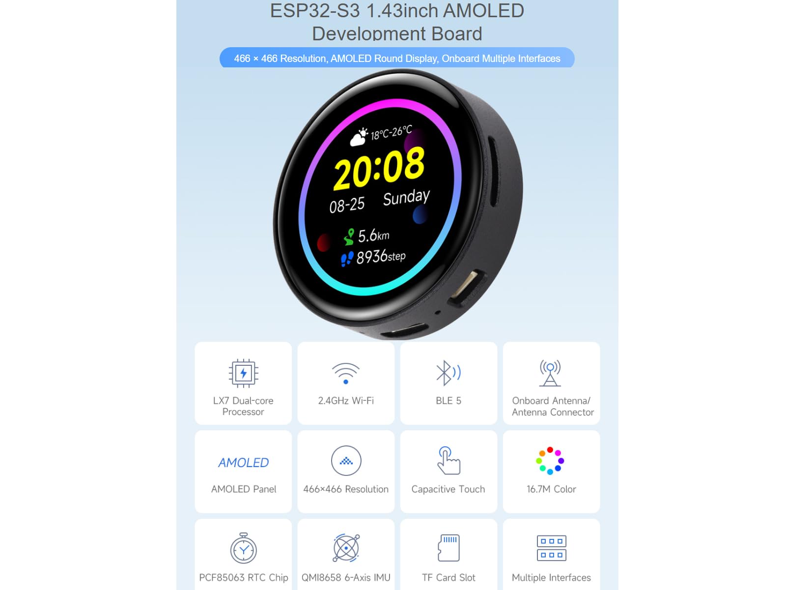 Waveshare ESP32-S3 1.43inch AMOLED Round Touch Display Development Board with Metal Case 466×466 Resolution 16.7M Color Capacitive Display Adopts ESP32-S3R8 Chip with 2.4GHz WiFi And Bluetooth BLE 5
