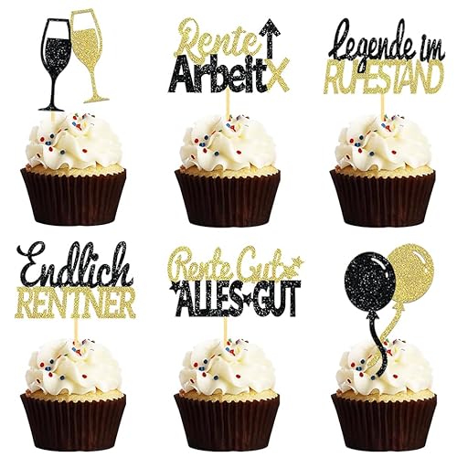 24 Stück Glitzer Rente Deko Cupcake Toppers, Ruhestand Deko Cake Toppers, Endlich Rente Kuchendeko, Pension Tortendeko für Rentner und Rentnerin Retirement Party (Gold)