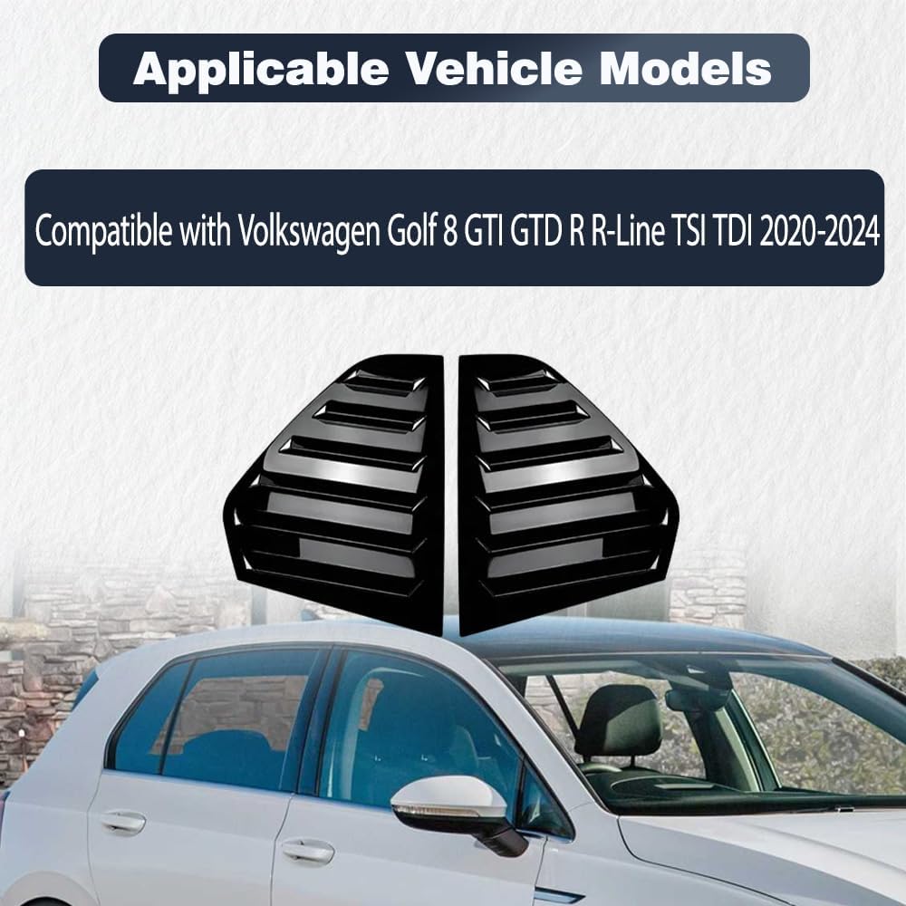 MACHSWON Rear Side Window Louvers, Car Rear Louver Covers Compatible with Volkswagen Golf 8 GTI GTD R R-Line TSI TDI 2020-2024, Glossy Black, 2 pcs