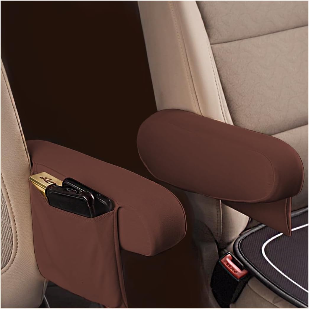 2PCS Car Arm Rest Cover with Side Pocket, Soft Brethable Cloth Fabric Armrest Protector for Preventing Scratch, Auto Interior Arm Rest Protection Pad Decor, Universal for Vehicles (Coffee)
