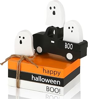 Halloween Decorations 7PCS Table Centerpieces, Cute Spooky Halloween Decor for Tiered Tray Shelf Mantel Fire Place Office Desk, Rustic Farmhouse Wood Faux Book Stack and Ghosts Sign