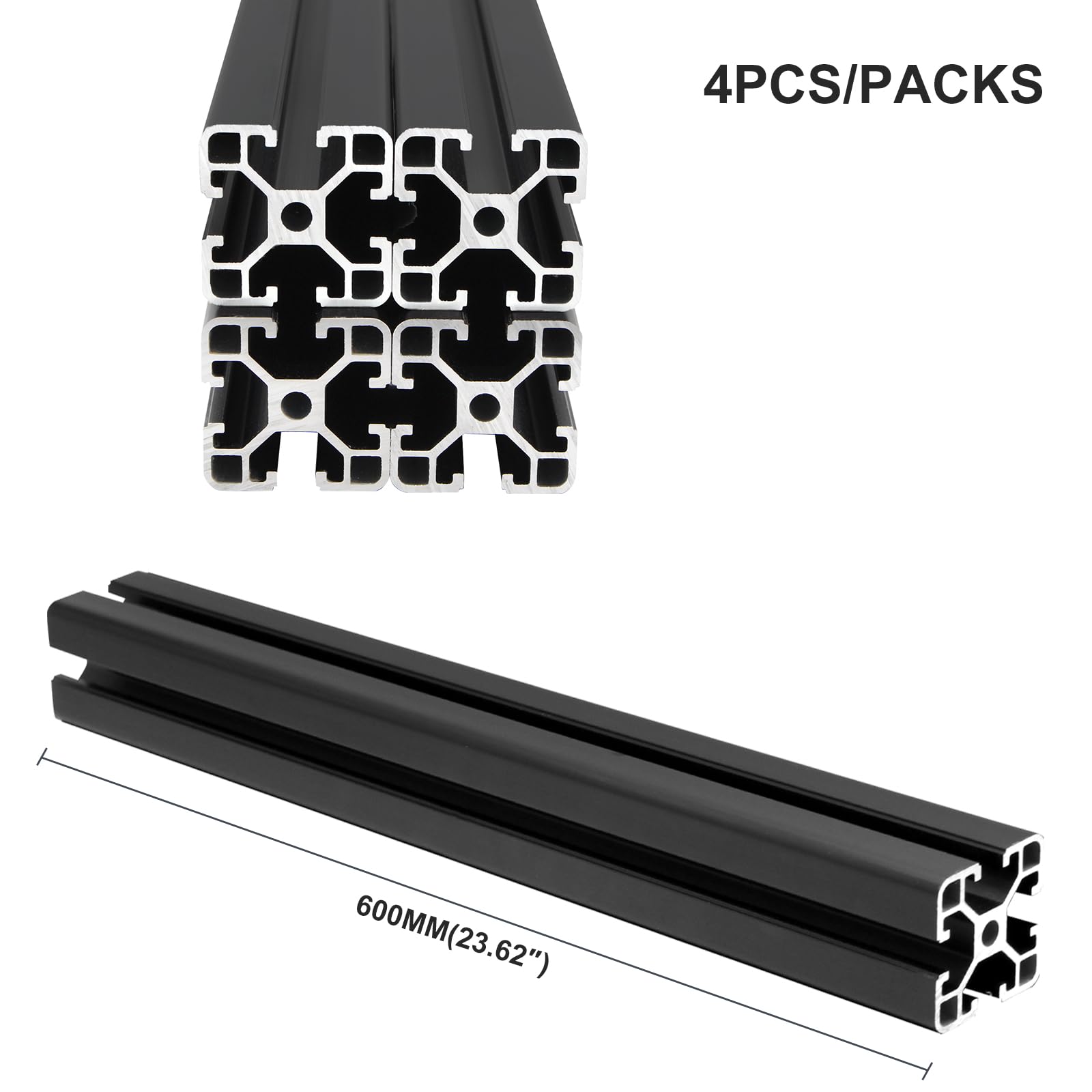 Zestaw 4 profili aluminiowych, wytłaczane, 4040 T, 600 mm, czarne, 40 x 40 mm, do europejskich standardowych anodowanych ram liniowych do drukarek 3D