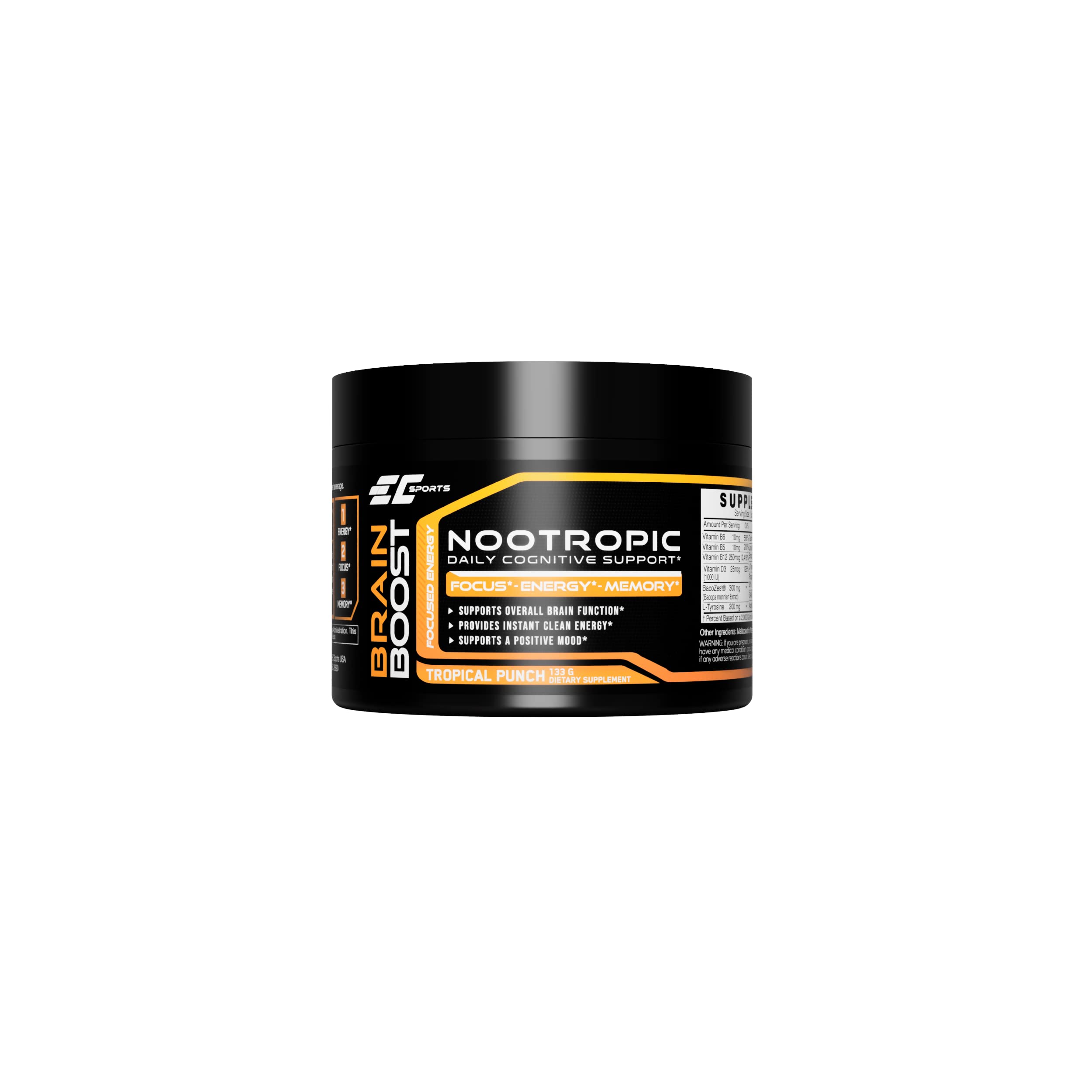 EC Sports Brain Boost Tropical Punch Nootropic Supplement for Focus, Faster Processing, Instant Energy & Performance w/ 18 Nootropics - 30 Servings