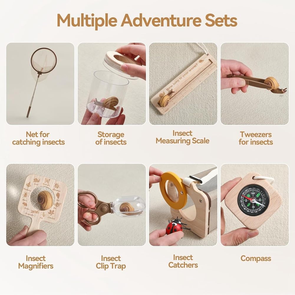 Kit de Captura de Insectos para Niños, Kit de Exploración, 10 Piezas para Exteriores con Lupa y Red, para Niños de 4 A 8 Años.