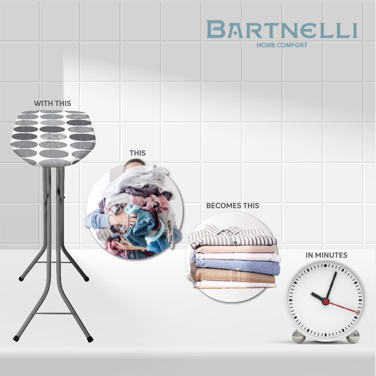 Bartnelli Pulse Ironing Board | Made in Europe | Patent Space Saving Smart Hanger Iron Board for Easy Storage | Lightweight, 4 Layer Cover, 4 Legs, for Dorm, Laundry Room, or Small Spaces(43x13-35)