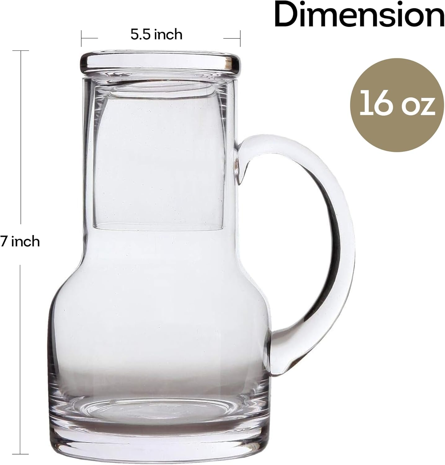 Lily's Home 16 oz Glass Water Carafe for Bedroom or Kitchen - Carafe with Cup Lid & Handle, Perfect for Bedside or Desktop Use, Modern Design