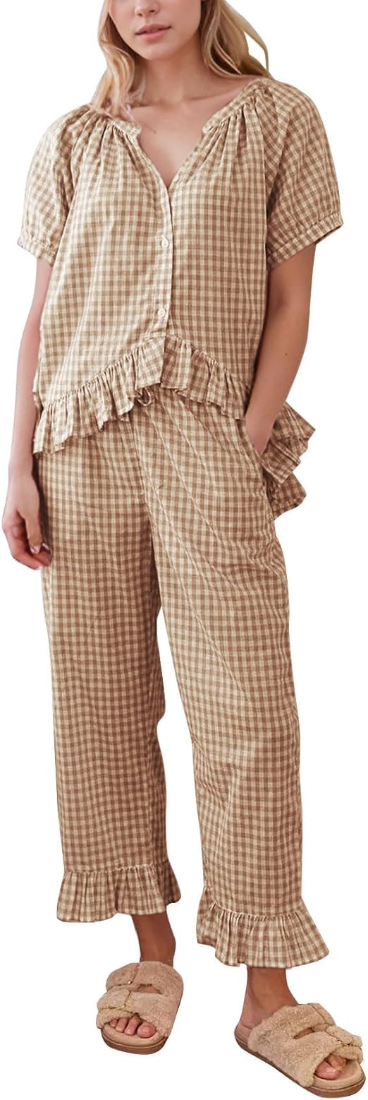 Flygo Womens Plaid 2 Piece Pajamas Sets Gingham Button Down Puff Sleeve Babydoll Shirt Ruffle Pants Y2K Pjs Lounge Set