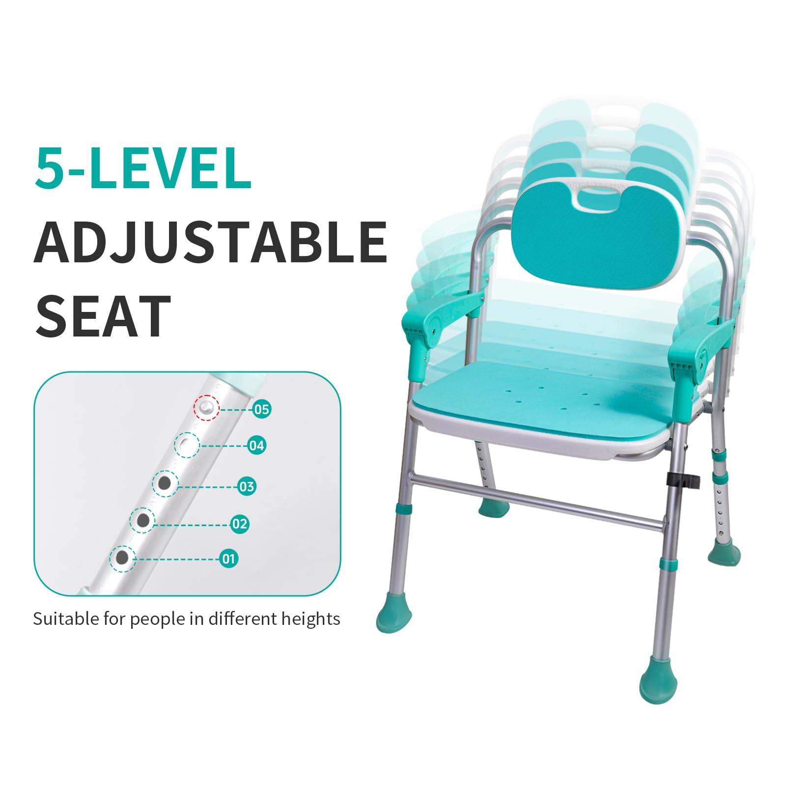 ENLUNTRA Silla de ducha con brazos y respaldo, silla de ducha plegable de 5 niveles ajustable, asiento de ducha antideslizante para ancianos, discapacitados, embarazadas