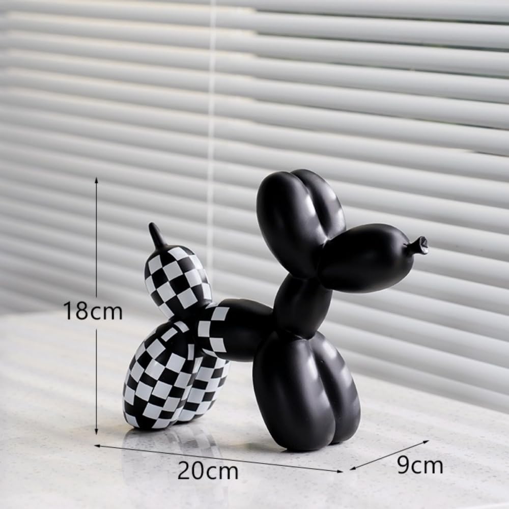 Escultura Perro Globo a Cuadros, Estatua de Resina, decoración para el hogar y la Oficina, para Sala de Estar, Dormitorio, Escritorio, 21 x 18 x 9 cm, Juego de 2 Piezas en Blanco y Negro