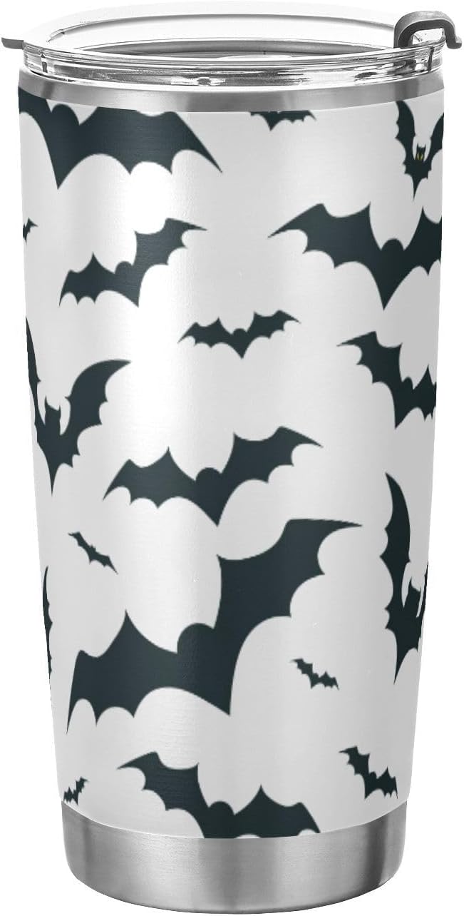 Halloween Tumbler Black Cool Bat Insulated Coffee Cup Back to School Beverage Container Office Travel Mug with Straw and Lid 20oz Holiday Gift Day of The Dead Present