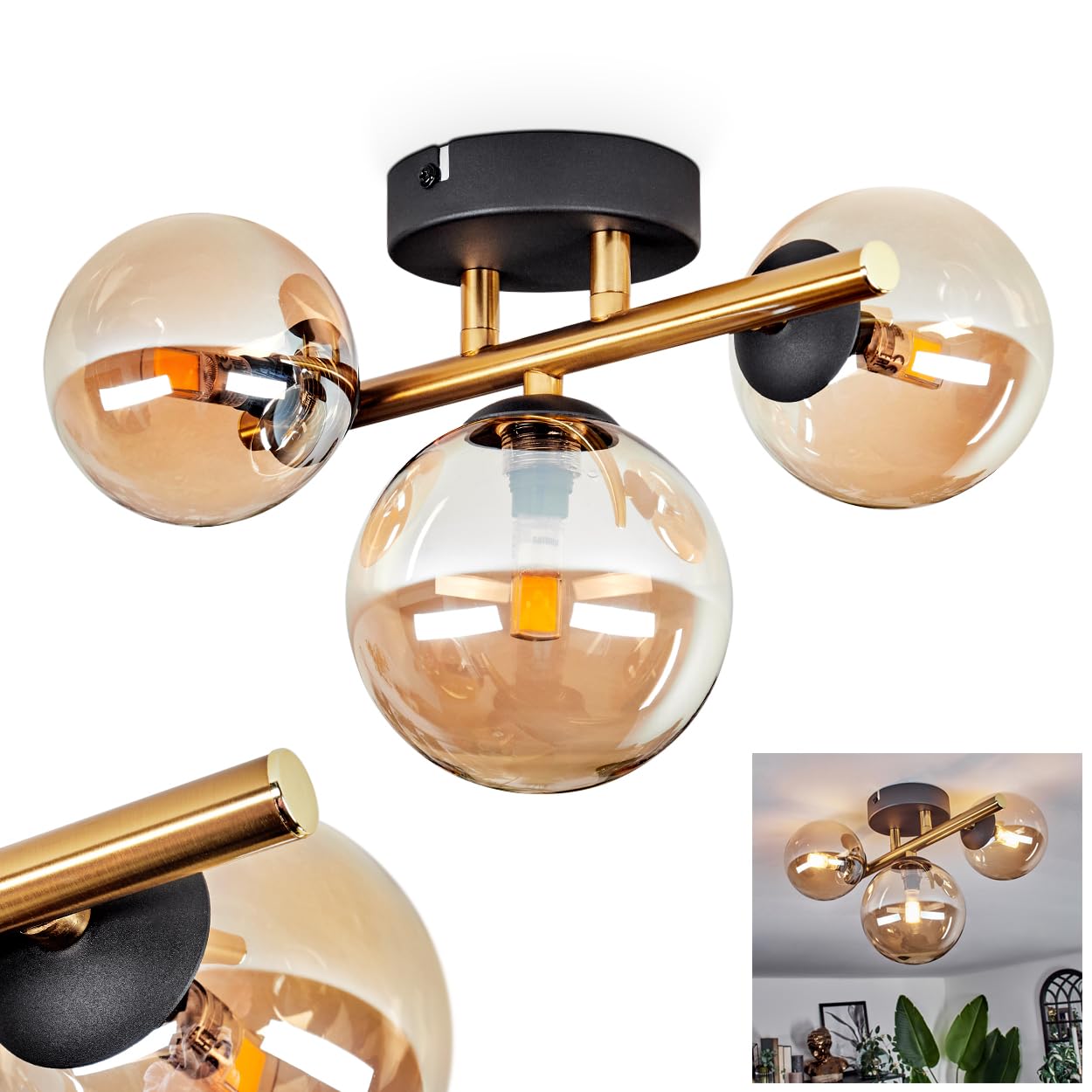Lampada da soffitto Chehalis, lampada da soffitto in metallo/vetro nero/oro/ambra, design retrò/vintage con ombrelli in vetro (Ø 10 e 12 cm), 3 LED G9, senza lampadina