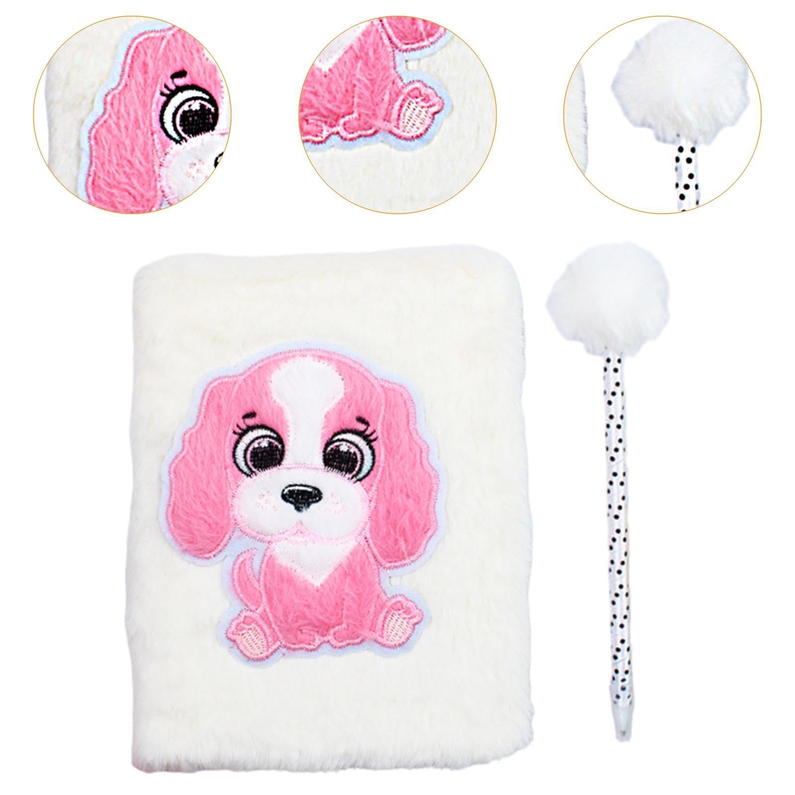 Carnet Peluche Cahier Agenda Carnet de Notes Couverture Douce Peluche Yeux Mobiles Brodés Écriture Lisse Stylo Adapté pour Maison École Cadeau Enfant, Chiot Blanc