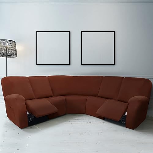 Miniatura 8 de Peryiter 7 fundas para sofá reclinable seccional en forma de L, fundas de sofá modular de 5 asientos, terciopelo de seda lechosa, funda elástica