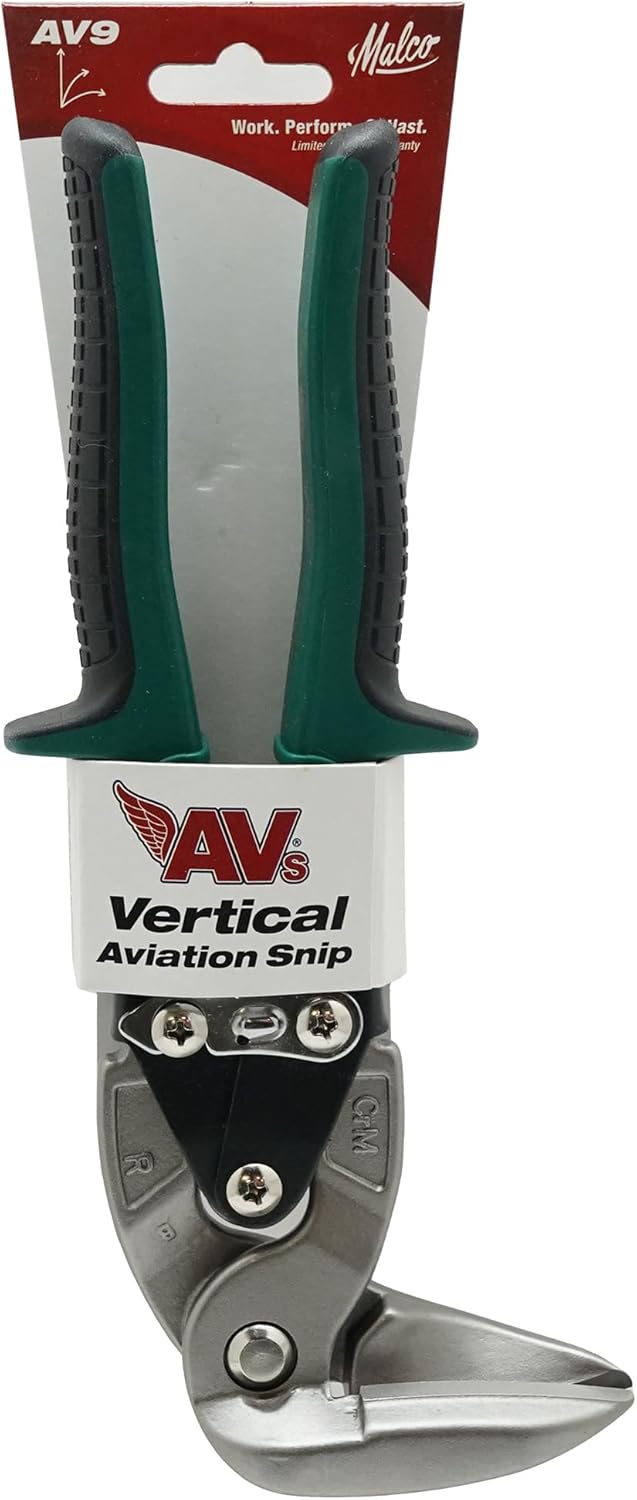 Malco AV9 Vertical Aviation Snip – RIGHT Cut - Green Grip | 90° Upright Jaws for Tight Spaces & Overhead | 24-Gauge Steel & 28-Gauge Stainless | Serrated Upper Jaw | Forged Steel | HVAC & Roofing
