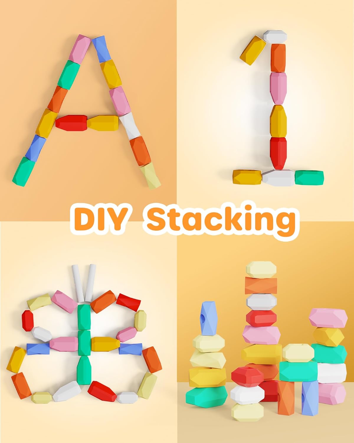 D-FantiX 39 PCS Stacking Rocks Stones Building Blocks, Montessori Toys for 3 4 5 6 Year Old Toddlers and Kids, Sensory Toy Balancing Stacking Game for Boys and Girls