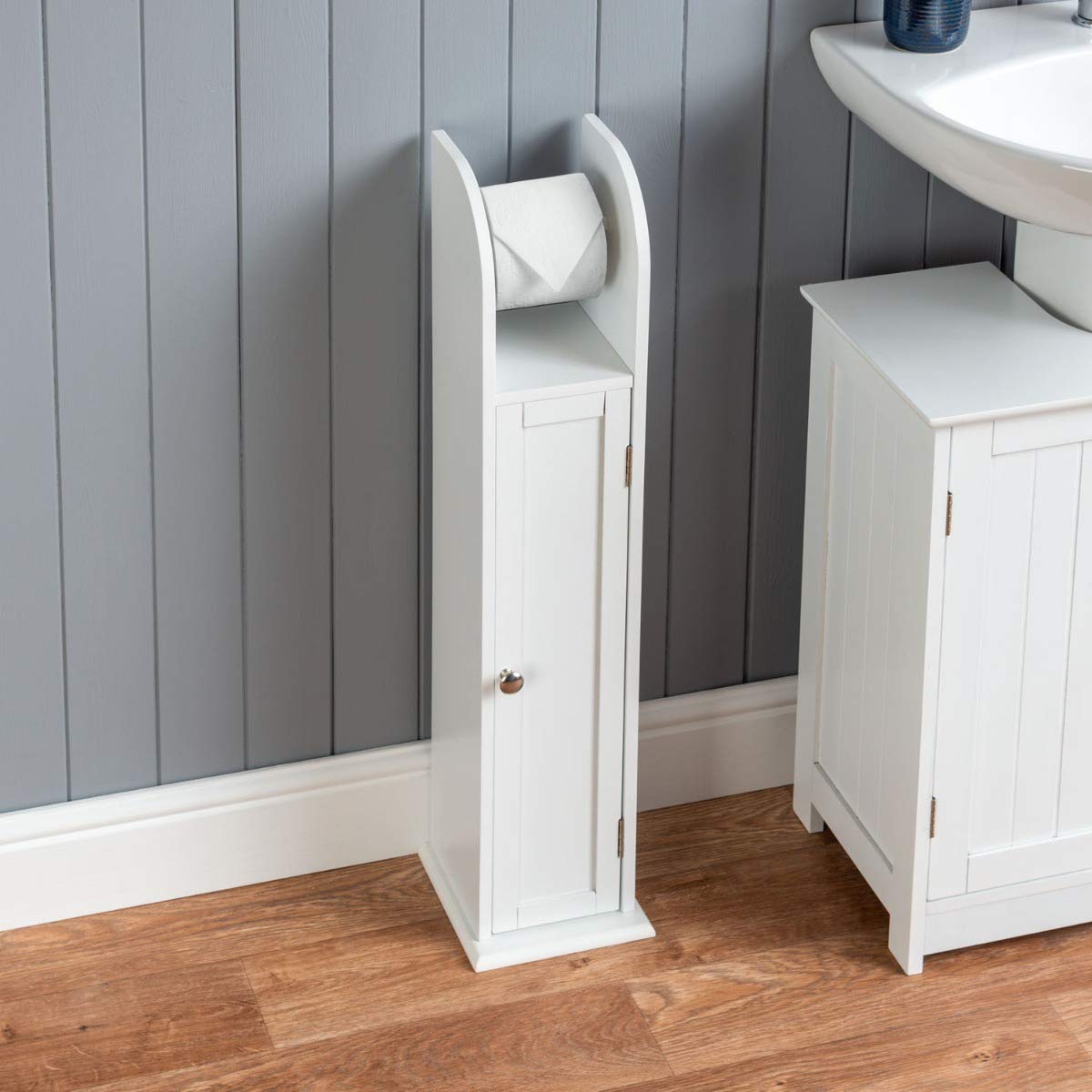 CHRISTOW Free Standing Toilet Roll Holder White Wooden Toilet
