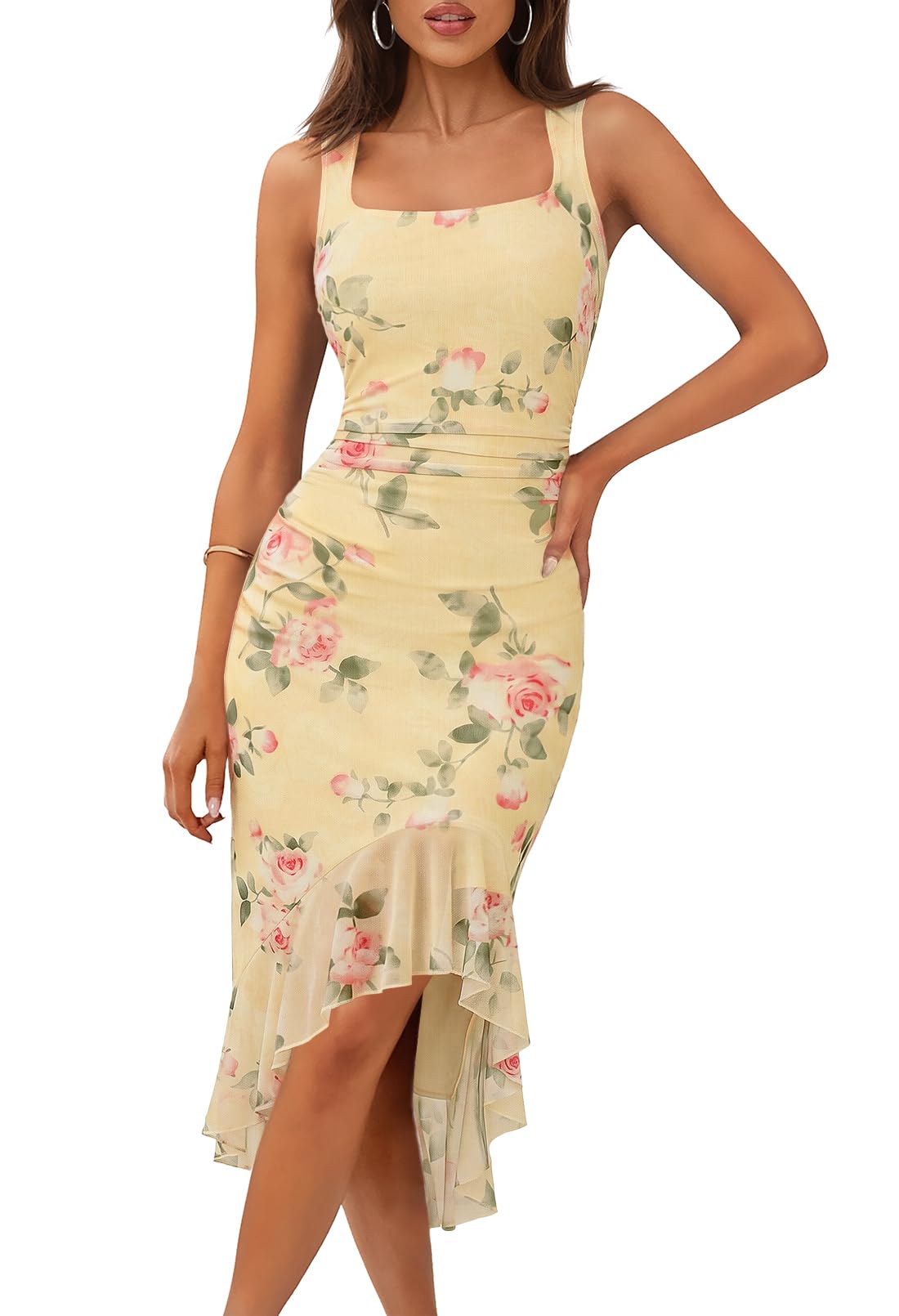MEROKEETY Women's Summer Floral Bodycon Cocktail Midi Dresses