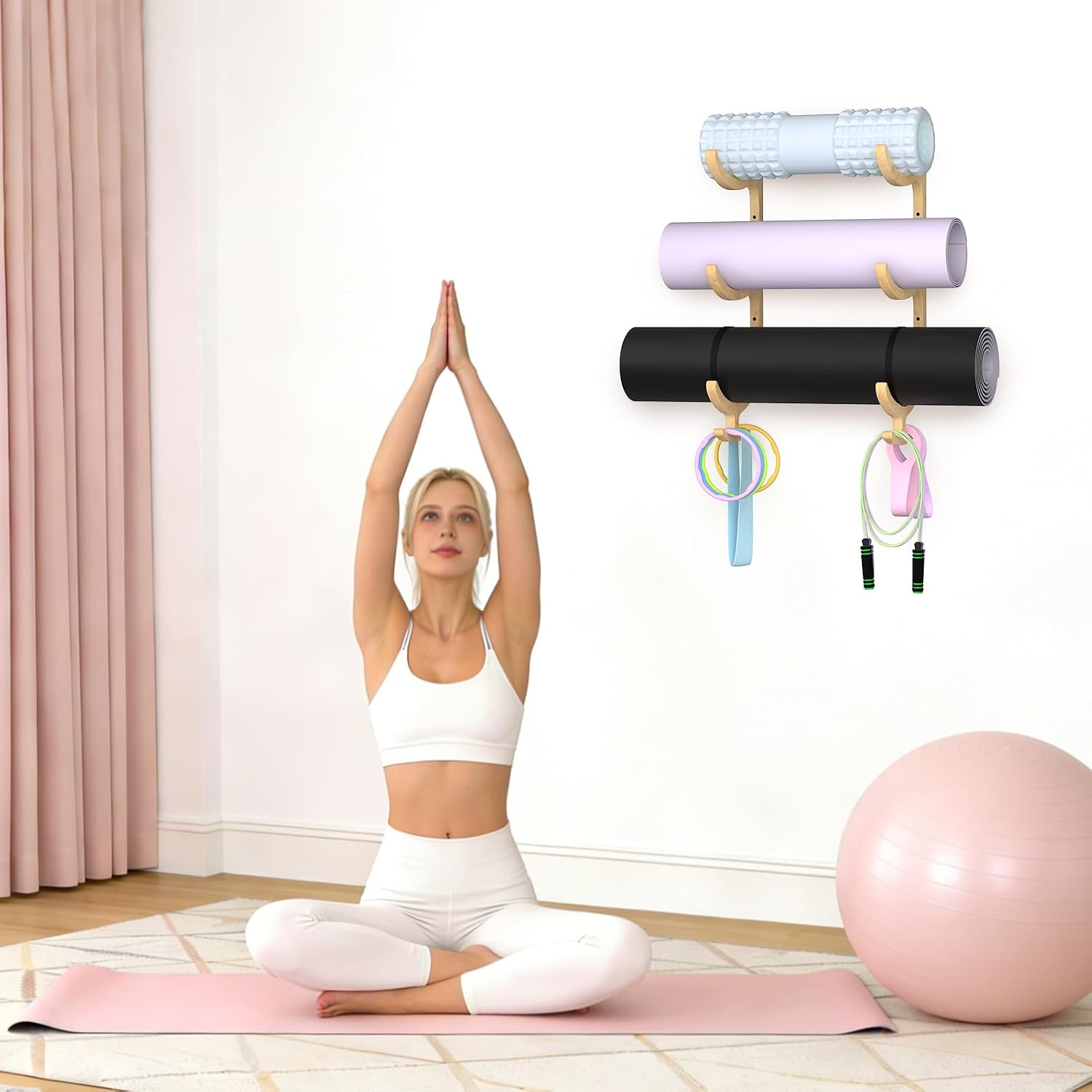 Wooden Yoga Mat Holder Wall Mount, Yoga Mat Storage Rack, Home Gym Equipment Organizer, Wall Mount Workout Storage Holder for Hanging Foam Rollers and Resistance Bands