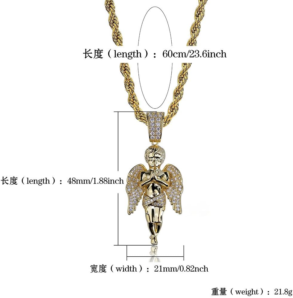 Punk Iced Out Necklace for Men - Hip HopHands Clasped in Prayer Angel Pendant - Copper Plated 18K Gold Micro Inlaid Zircon with 24in Rope Chain