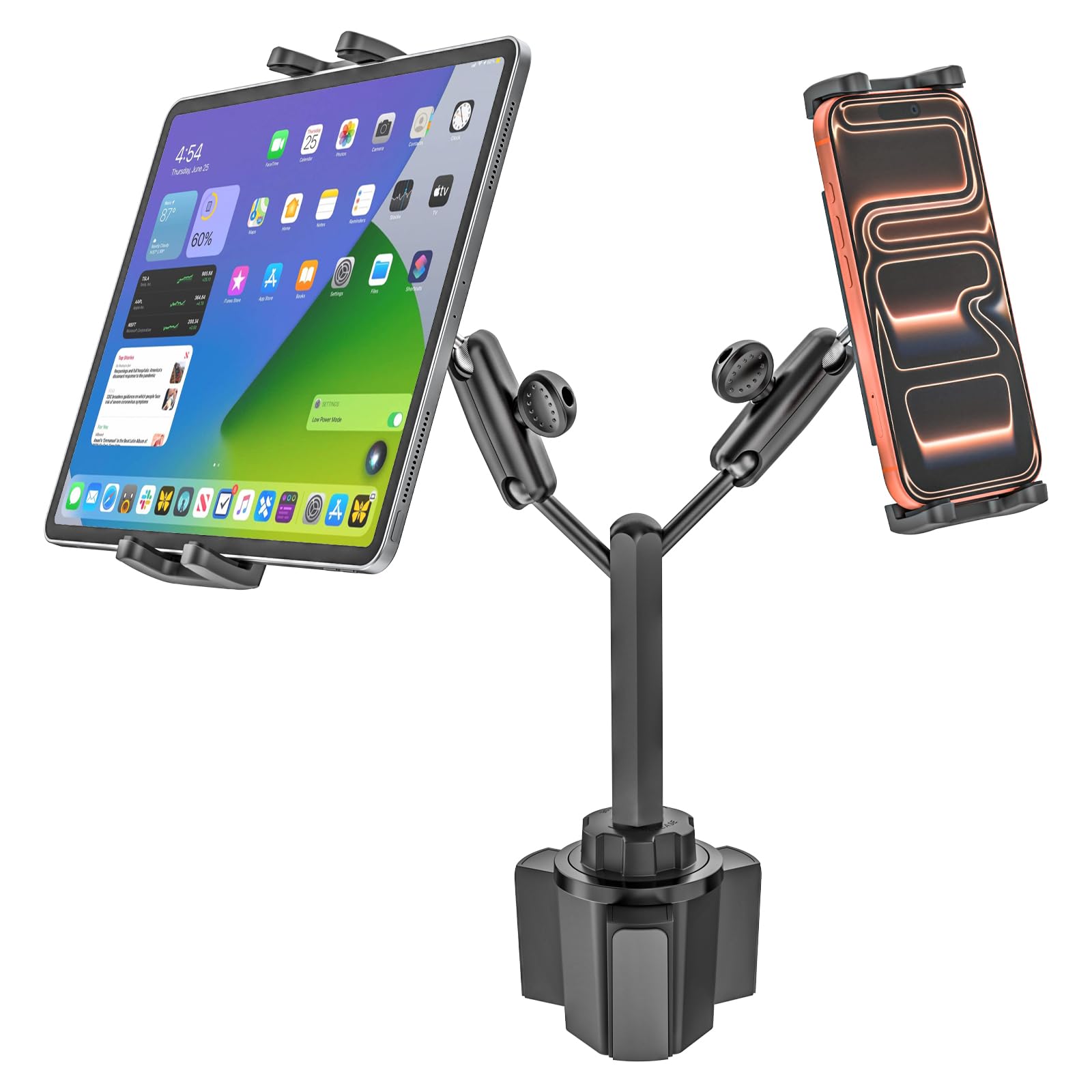 Dual iPad Cup Holder Mount for Tablet &amp; Phone, Heavy Duty Metal Cup Holder Tablet Mount for Car, Truck, Double Cup Holder Tablet Holder for iPad Pro Air Mini, iPhone, Z Fold, 4-13" Device