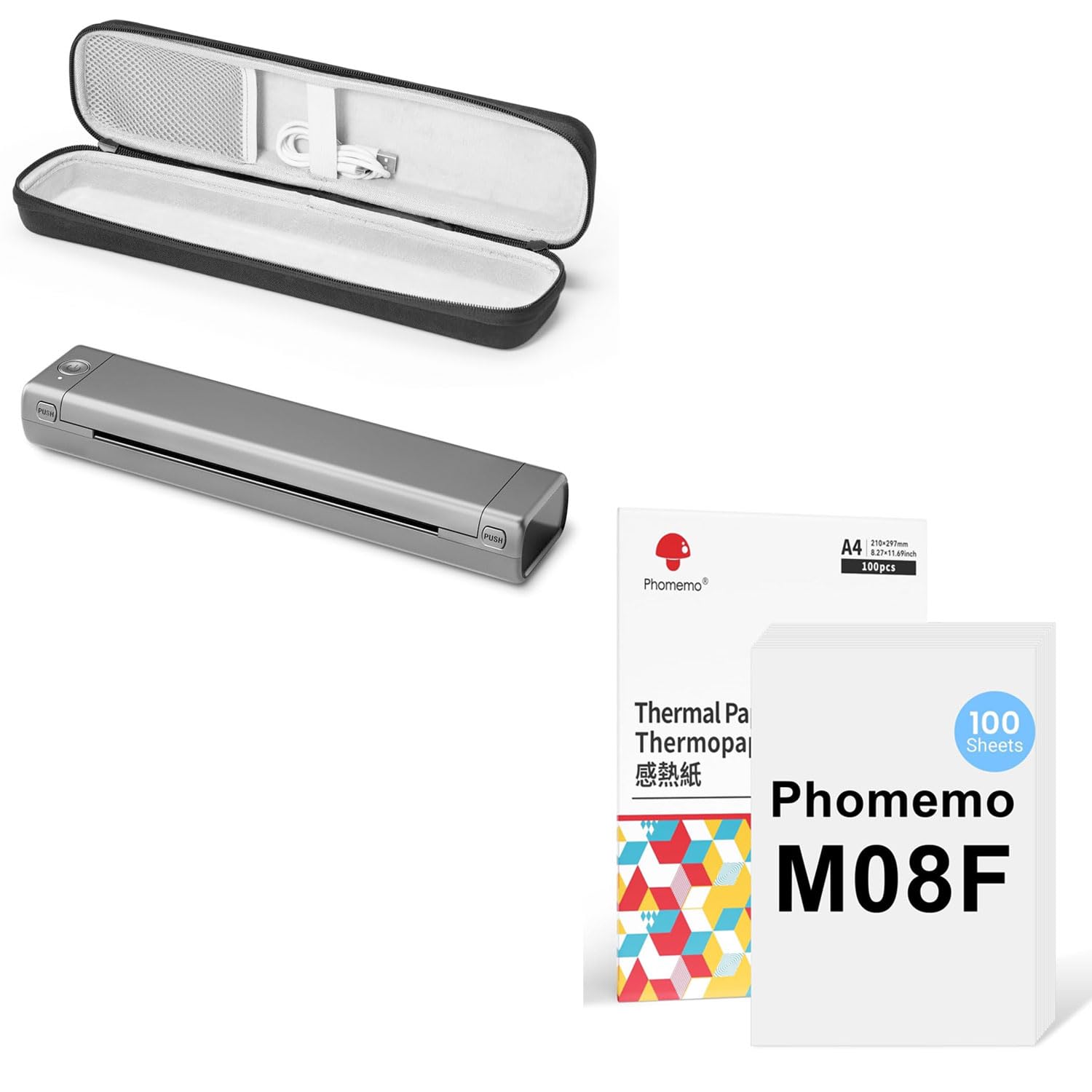 Phomemo M08F A4 Grau Tragbarer Drucker mit Tragetasche & 100 Blatt A4 Thermopapier, Kabelloser Bluetooth Mobildrucker für Reisen, Auto, Büro & Zuhause