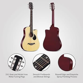 Acoustic Guitar 3/4 Beginner Guitar 38 Inch Natural Basswood Cutaway Guitarra Starter Kit with Gig Bag Stap Learning Book Strings Strap Tuner Picks Capo Cleaning Cloth
