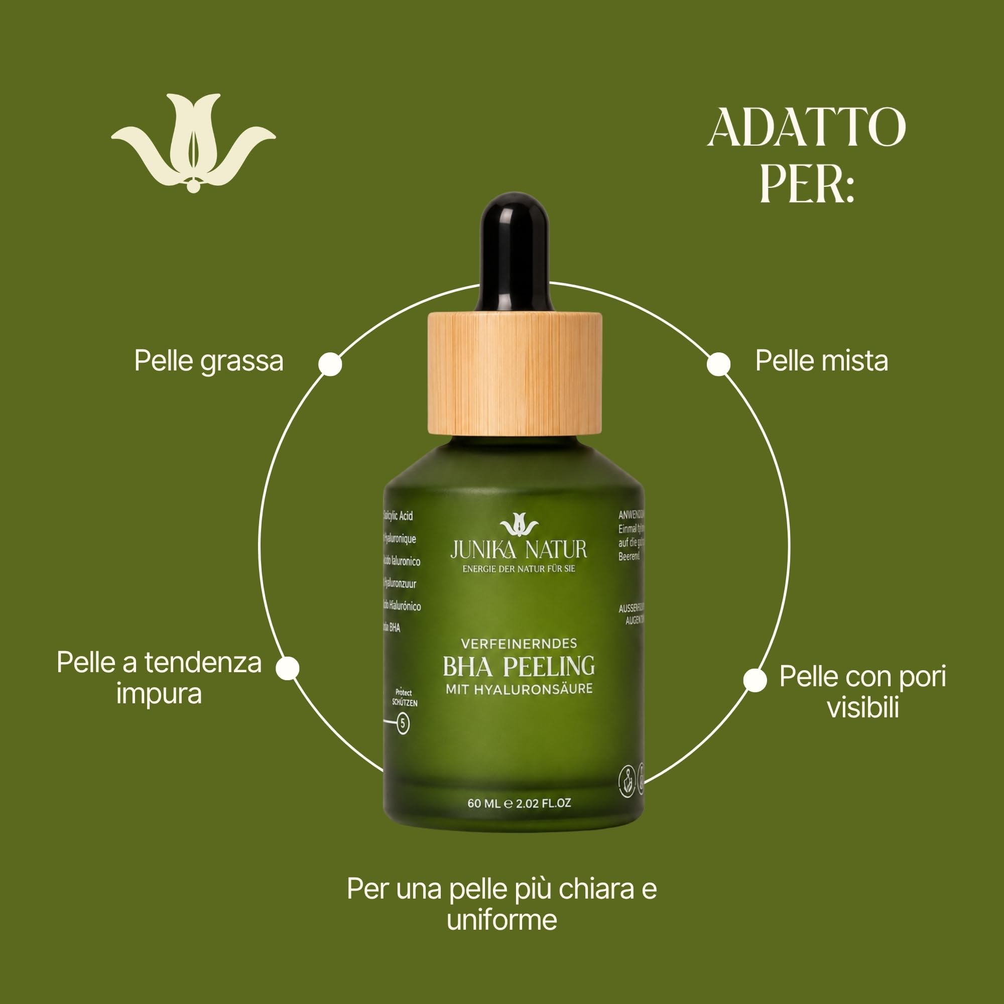 Peeling BHA con Acido Ialuronico 60 ml – Esfoliante Viso con Acido Salicilico Uomo e Donna – Minimizza i Pori – Contro Imperfezioni e Punti Neri – Affina la Pelle – Vegano