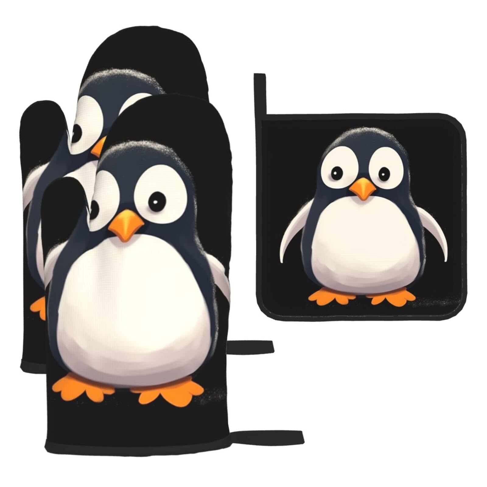 3 Piece Oven Mitts and Pot Holders Set Heat Resistant Oven Gloves and Potholders BBQ Gloves Hot Pads Cute Penguin Cooking Gloves for Kitchen Baking Grilling