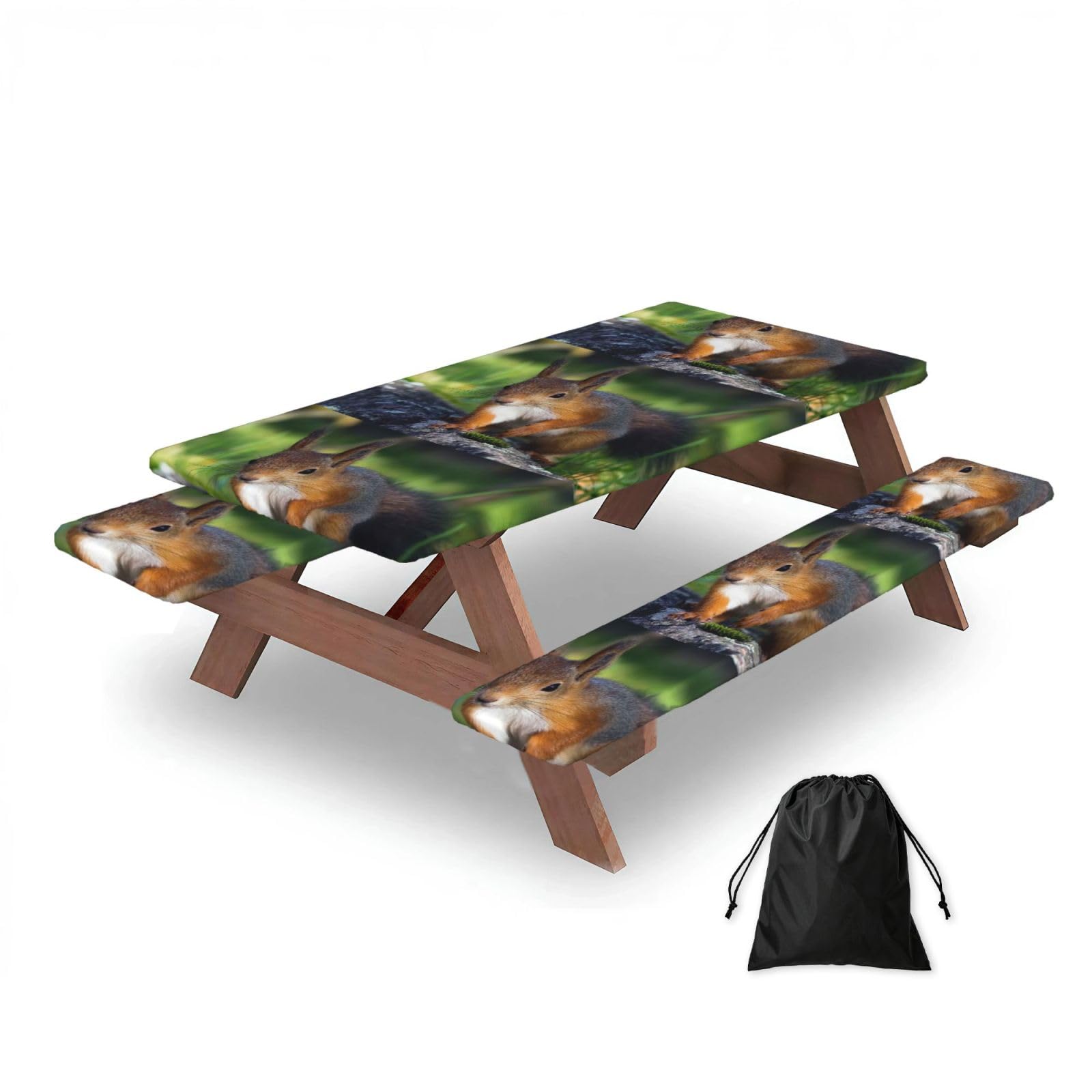 Dopklna As Picture Cute Squirrel, Picnic Table Cover With Bench Covers -Waterproof Elastic Fitted Tablecloth For Garden Camping Patio 76X152cm