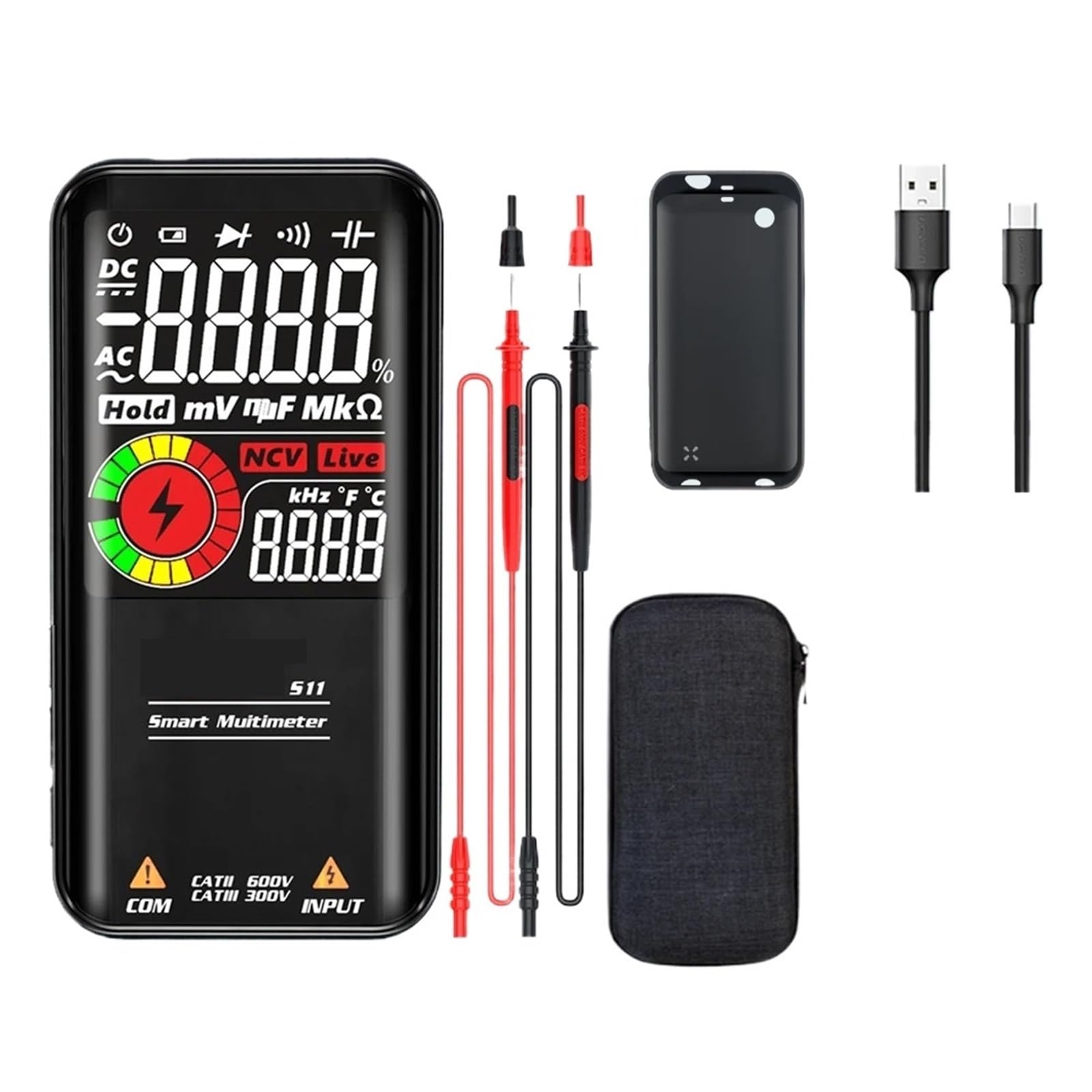 Tester Multimetru Duży Ekran Inteligentny Multimetr Cyfrowy 9999 Zliczeń Ładowanie USB Multimetro True RMS AC Napięcie Prądu Stałego Pojemność Temperatura Tester NCV Precyzja Bezpieczny(S11 Black)