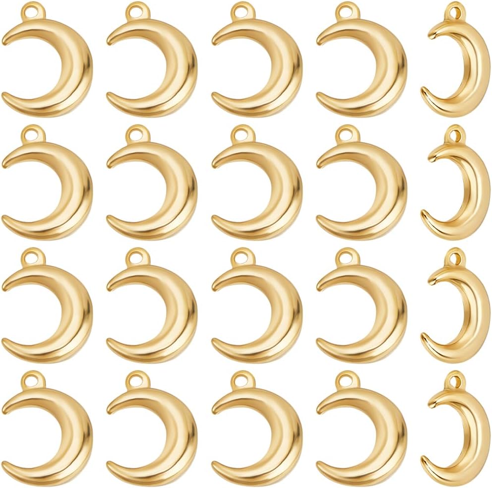 Beebeecraft 1 Box 48Pcs Crescent Moon Charm Bulk 24K Gold & 925 Sterling Silver Plated Celestial Moon Dangle Charms for Jewelry Making Supplies DIY Necklaces Bracelets Earrings Hanging Crafts Gifts(Flat Back)
