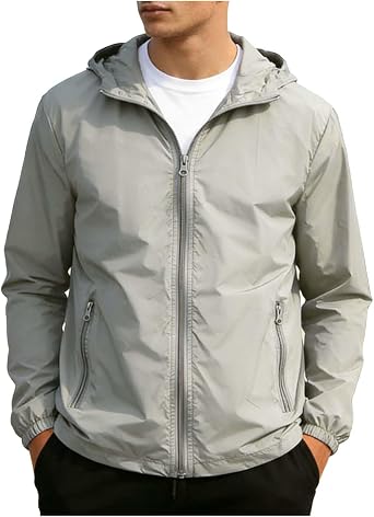 Mens UPF 50+ Hooded Jacket Windbreaker Hiking Jackets Lightweight Breathable Running Cycling Coats with Zip Pocket