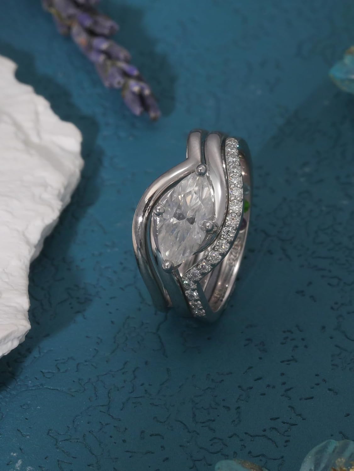 3-PC Marquise Cut Moissanite Ring Set | S925 Sterling Silver 1CT Wedding Jewelry, Contoured Bands with Half Pavé, Non-Tarnish Stackable Bridal Rings for Women