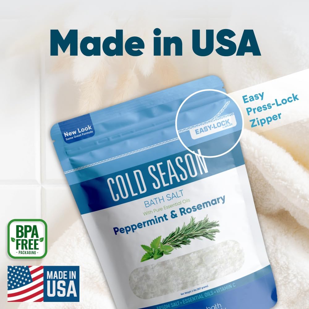 Cold Season Bath Salt 32 Ounces (2 Lbs) USP Grade Epsom Salt with Natural Rosemary and Peppermint Pure Essential Oils Plus Vitamin C in BPA Free Pouch with Easy Press Lock Seal Made in USA - Image 6