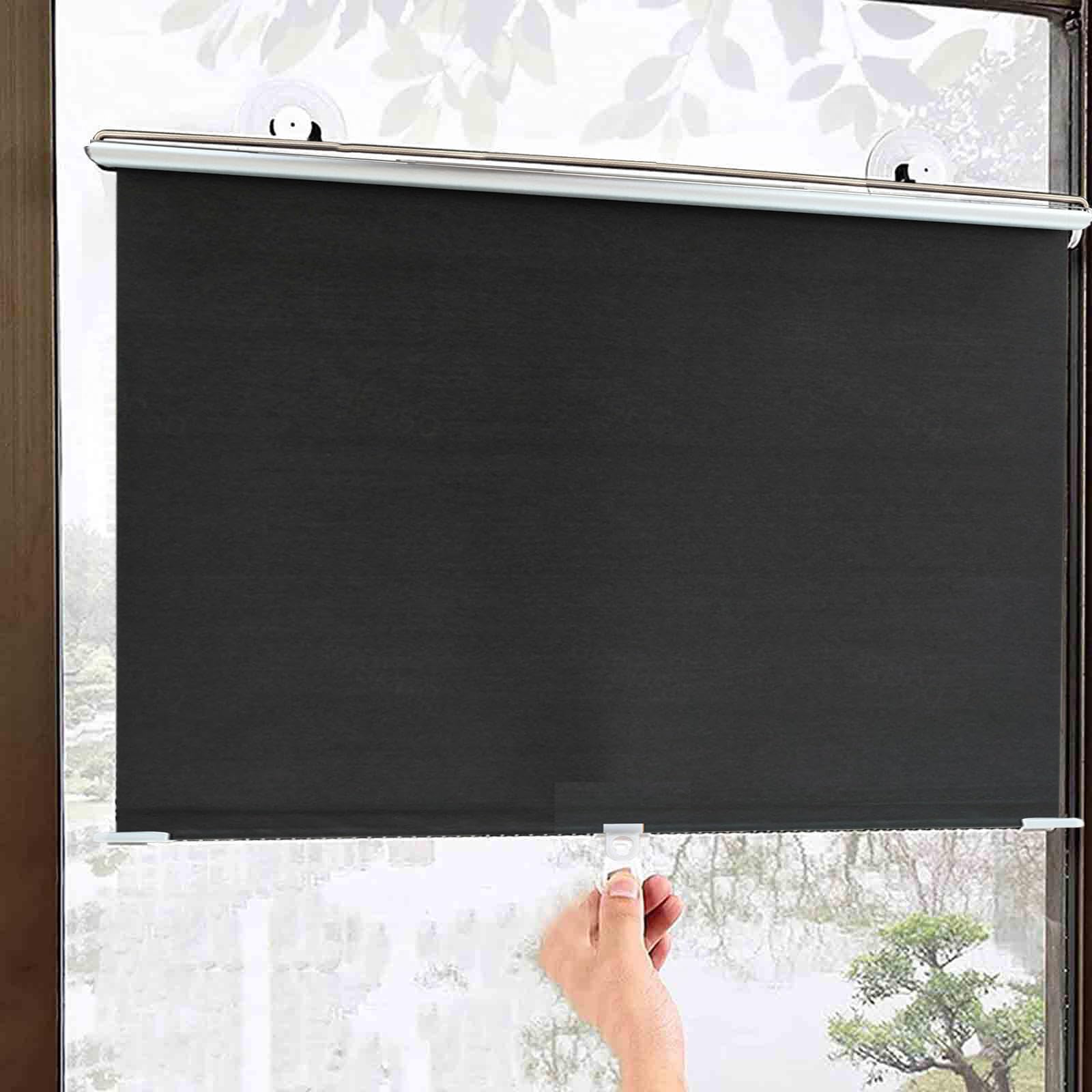 Suction cup blackout Shades,retractable sunscreen roller Blinds,light filtering lightweight curtains,12 sizes,blue temporary roll up shades,window shades no drill,Thermal,Black-68×125cm（27*49in）