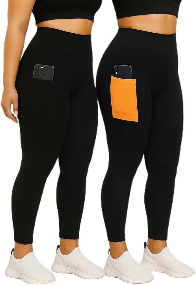 Kit 2 Calças Legging Plus Size com Bolso Lateral, para Academia, Alta Compressão, Cores Sortidas, Nao Fica Transparente (BR, Numérico, 48, Plus Size, Regular, 48, Sortidas)