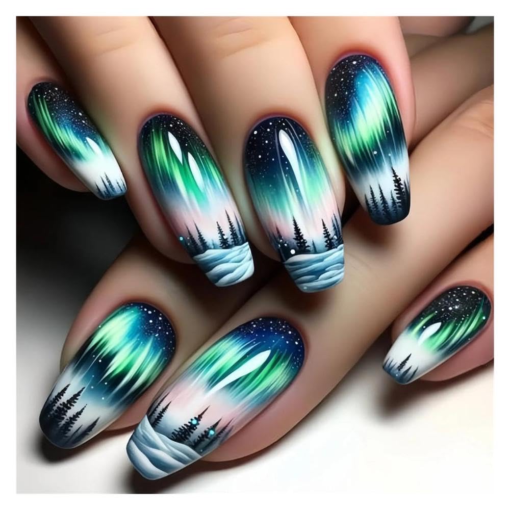 24pcs Medium Long Fake Nails Butterfly Feather Forest Sea Wave Gradient Blue Purple Green Press On False Nail Manicure Decorations(Y10)