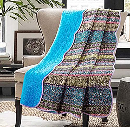 Cozyholy Boho Quilt Twin Size 100% Cotton Quilted Blanket Colorful Bohemian Striped Bedspread Coverlet Reversible Lightweight Stitch Vintage Bed Cover Throw Blanket For Couch Sofa Blue #TOP6