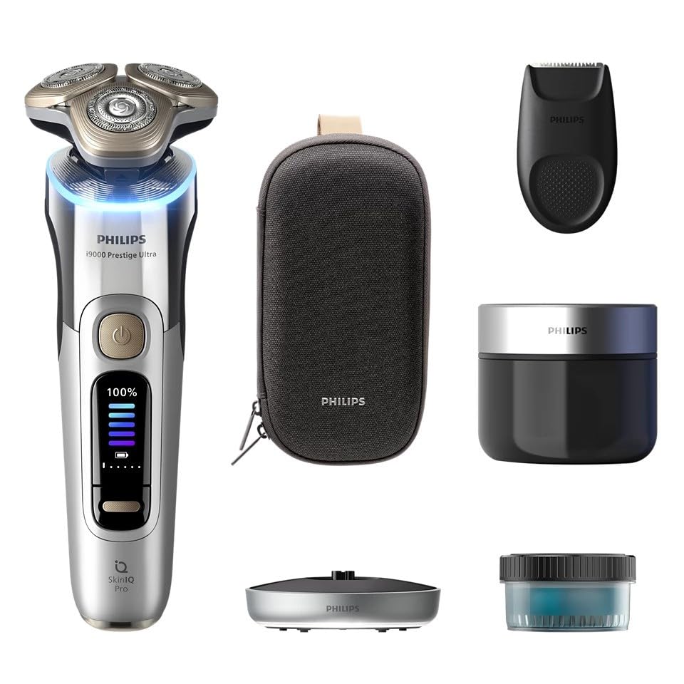 Philips i9000 Prestige Ultra Shaver XP9404/31 front view with display showing 100% charge
