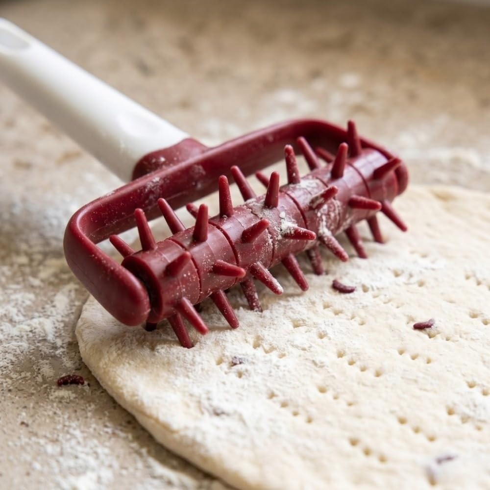 Pizza Dough Docker Roller with Spikes – Docking Tool for Even Perforation, Avoids Blistering Crust for Homemade Pizza and Pie Crust(Red)