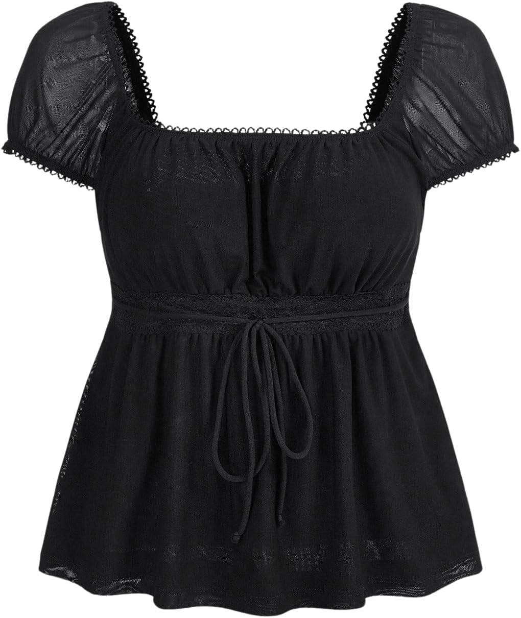 SOLY HUX Women's Square Neck Short Sleeve Peplum Tops Tie Front Summer Teen Girls Babydoll Top T Shirt - Image 2