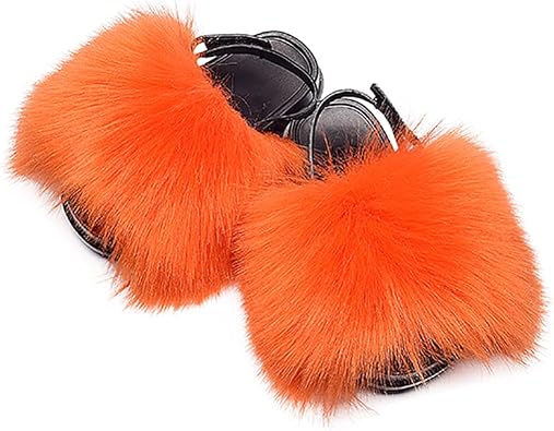Girls Faux Fur Slides Colorful Toddler Slippers Furry Sandals Shoes with Elastic Back Strap