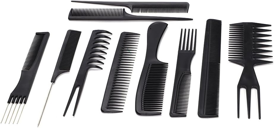 10pcs Professional Hair Comb Set Salon Hair Styling Hairdressing Barbers Combs Kit Black Plastic Comb for Hair Cutting Trimming, Hair Detangling, Hairdresser, Barber, Fine and Wide Tooth Hair Comb