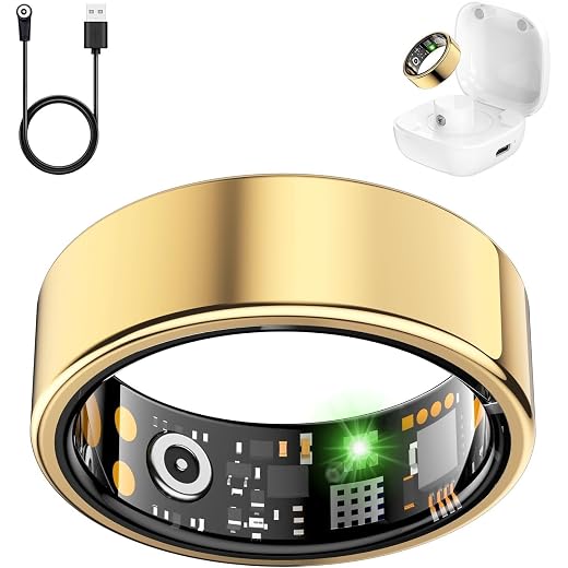 Smart Health Ring for Women Men, Fitness Tracker Ring with Heart Rate, Blood Oxygen, Sleep Tracker, Step Tracker, IP68 Waterproof Smart Ring for iPhone & Android, No Subscription Fee (Gold, 6#)