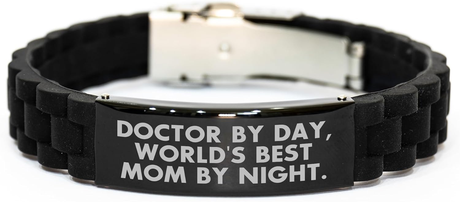 Doctor's Delight, Funny Gifts for Father's Day - Glide lock Clasp Black Stainless Steel Silicone Men's Watch by Day, World's Best Mom by Night by Gifts from Family