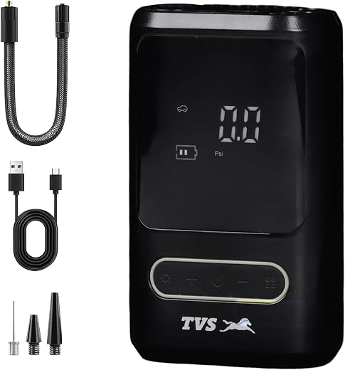 TVS Portable Tyre Air Inflator 150 PSI – Digital Meter, LED Light, Multi-Nozzle, Multi-Mode, Rechargeable 2000 * 2 mAh Bat...